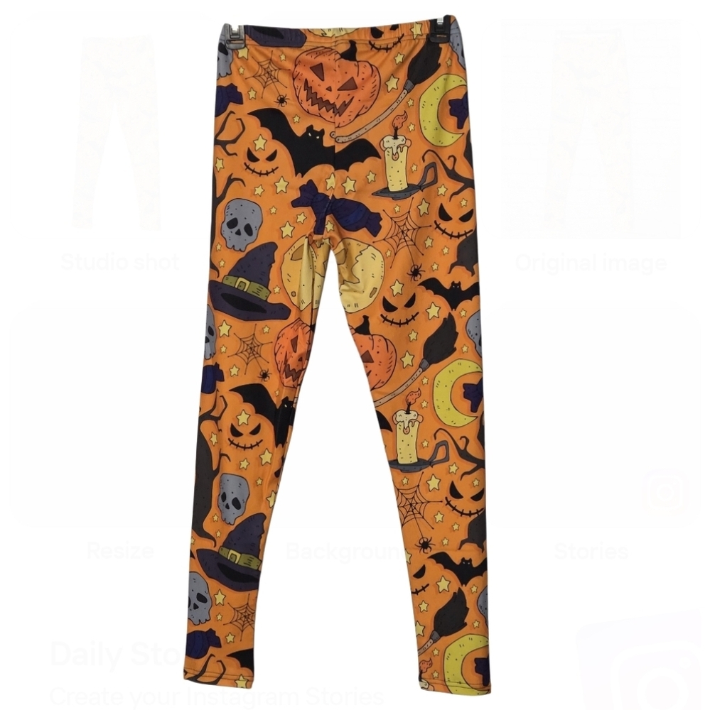 🎃Halloween Themed Leggings with Pumpkin Bat Skull Witch Hat Size M